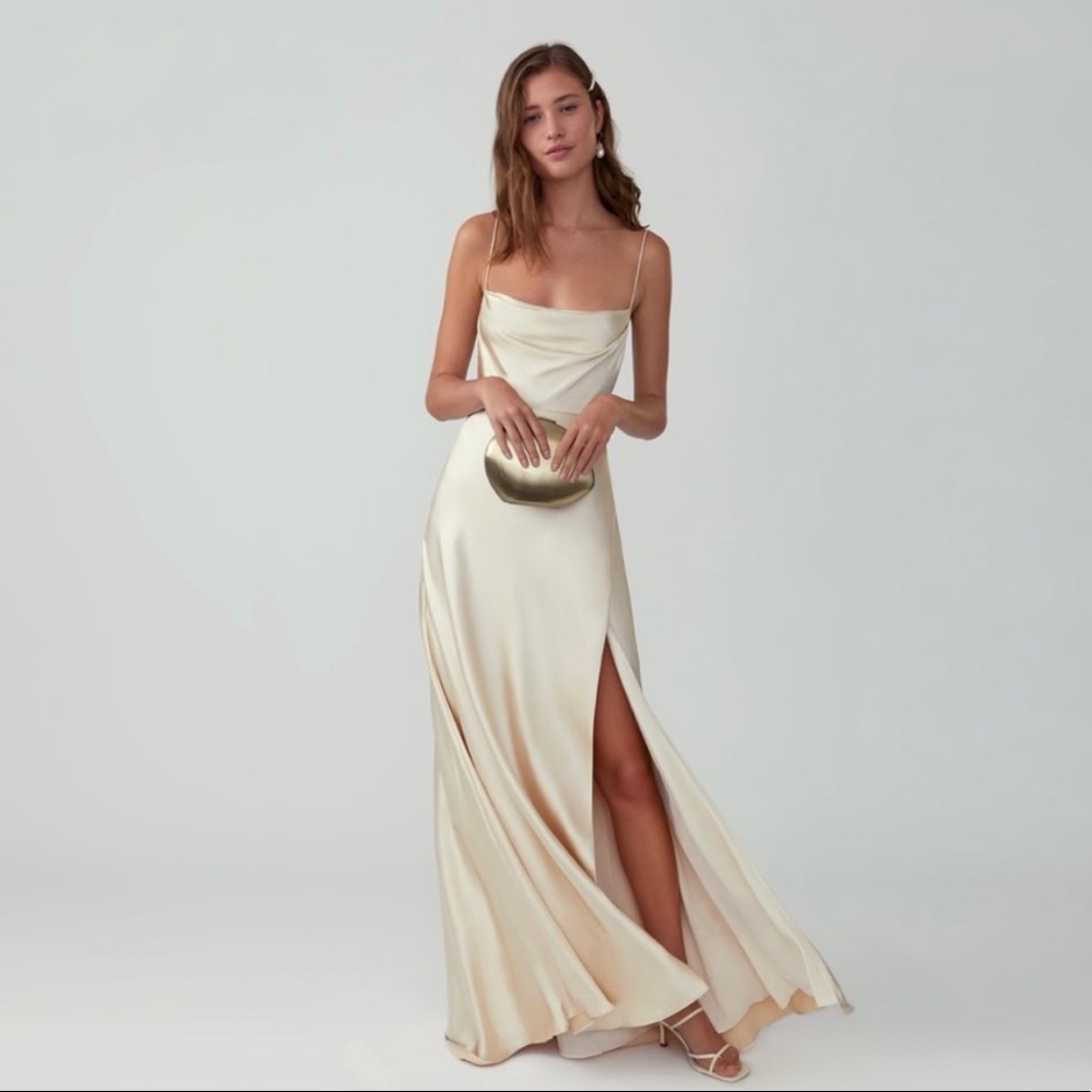 Strappy satin champagne gown